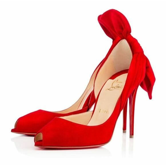 Christian Louboutin Barbara 100 Oeillet Red Suede Peep Toe Bow Heel Pump 39.5 - Picture 1 of 9